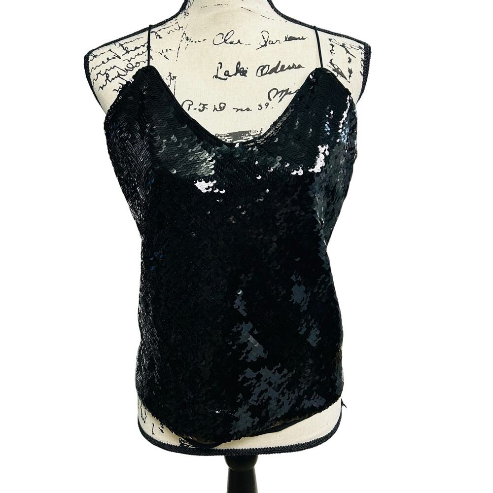 Express Black Sequin Blouse Cropped Sleevelss Spaghetti Strap V-Neck Large Glam